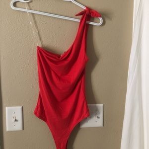 One Shoulder Tie Red Bodysuit